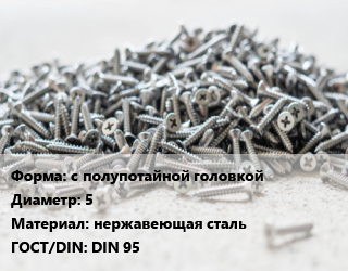 Шуруп с полупотайной головкой 5 нержавеющая сталь ГОСТ: DIN 95, шт цена от 179.65 Тг / кг, где купить, условия доставки в Алматы и Алматинской области
